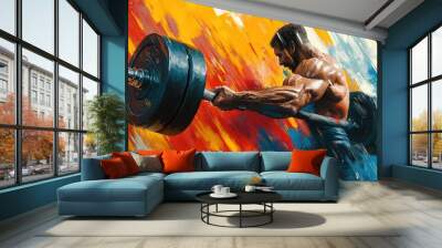 Dynamic Abstract of a Muscular Man Lifting Weights in a Colorful Brushstroke Background Wall mural