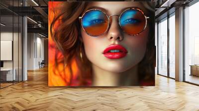 Fashionable Woman with Colorful Sunglasses and Red Lipstick Against Vibrant Background Wall mural