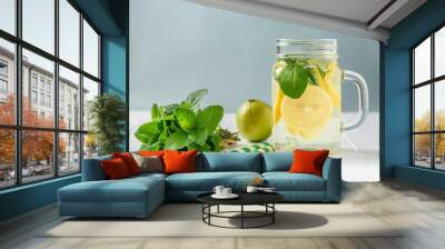 Fresh drink of lemon, lime, mint and ginger with two cocktail tubes on a white table. Wall mural