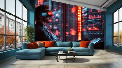 Futuristic Tech: Man with VR Headset Analyzing Data in Neon-Lit Digital Environment Wall mural