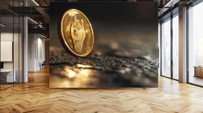 Golden Dogecoin Cryptocurrency Coin on Reflective Surface with Dark Background Wall mural