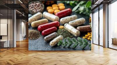 Herbal Supplements and Capsules: Natural Health Remedies on a Slate Background Wall mural