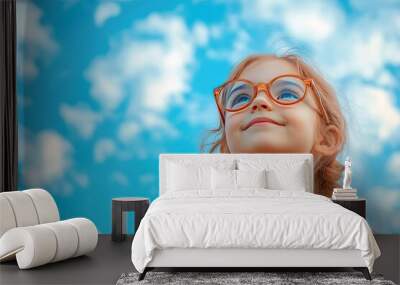 Joyful Child with Glasses Looking at Blue Sky with Clouds Wall mural