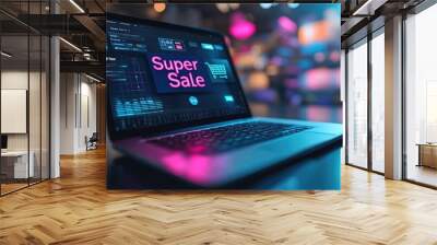 Laptop with Super Sale Sign on Screen Displaying Bright Colors and Shopping Icons Wall mural