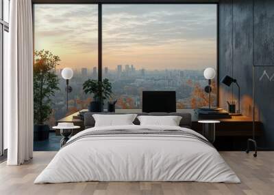 Modern Home Office with Cityscape View at Sunrise - A Blend of Natural Light and Urban Elegance Wall mural