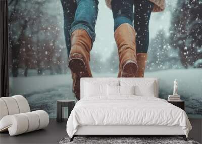 Romantic Winter Stroll: Couple Walking in Snowy Park with Boots Wall mural