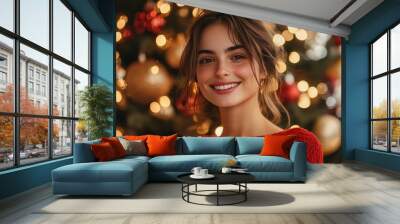 Smiling Woman in Red Sweater Holding Champagne Glass Against Festive Christmas Tree Lights Wall mural