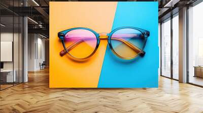 Stylish Reflective Sunglasses on Two-Tone Yellow and Blue Background Wall mural