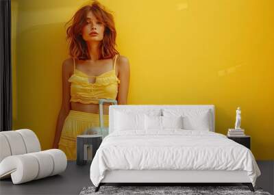 Stylish Woman in Yellow Outfit with Suitcase Against Yellow Background Wall mural