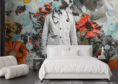 The doctor's art collage on a background of flowers and plants. A collage of contemporary art. Wall mural