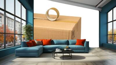 The process of packing a cardboard box using duct tape isolated on a white background. Wall mural