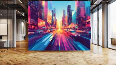 Vibrant Cityscape at Sunset with Colorful Digital Art Effects and Busy Traffic Wall mural