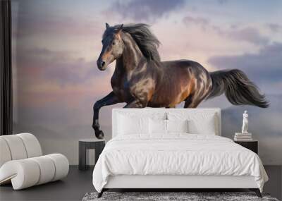 Bay horse run gallop in desert sand Wall mural