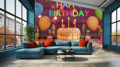 Birthday cake with candles, happy birthday balloons, bright lights and bokeh Wall mural