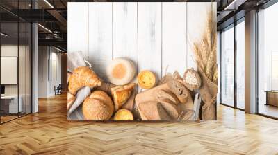 bread and bakery ingredients on white wooden Wall mural