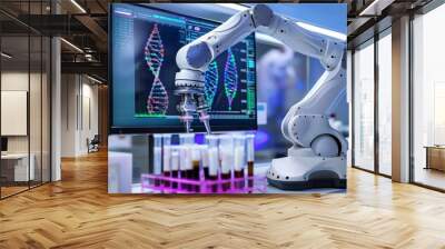 A biotech engineer using a robotic arm to handle delicate genetic samples, with lab equipment and DNA sequences on screens, showcasing automation and precision in biotechnology Wall mural