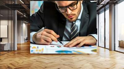 A business professional analyzing data on a digital business application, surrounded by charts and graphs, symbolizing informed decision-making and strategic planning Wall mural