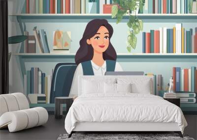 A businesswoman on a video call, with a laptop on a sleek desk and a bookshelf in the background. Wall mural