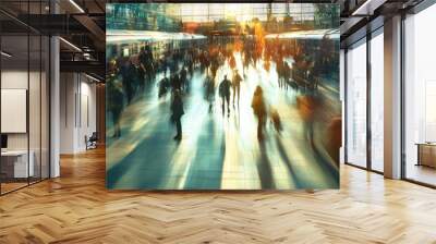 A bustling train station with people hurrying to catch their trains, surrounded by a blur of motion. Wall mural