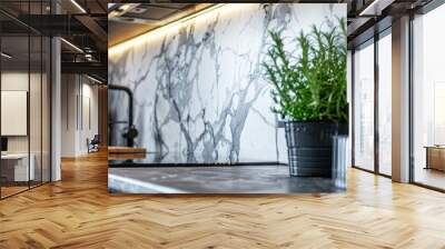 A close-up of a marble stone backsplash in a modern kitchen, highlighting the material's beauty and practicality in design Wall mural