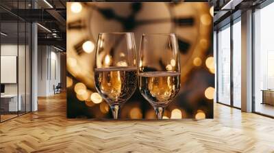 A close-up of two champagne glasses clinking together, capturing the moment the clock strikes midnight, with shimmering golden lights and 2025 glowing in the background Wall mural