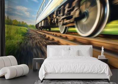 a commuter trains wheels on the tracks, with motion blur emphasizing speed through a green countryside Wall mural