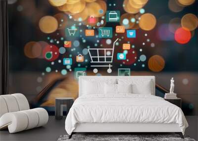 A digital marketplace interface on a smartphone screen, with icons and categories for online shopping and transactions Wall mural