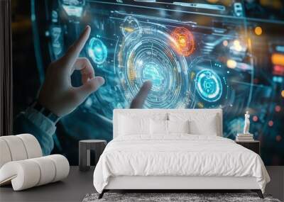 a futuristic AR interface, holographic controls floating in mid-air, user interacting with digital elements through intuitive gestures Wall mural