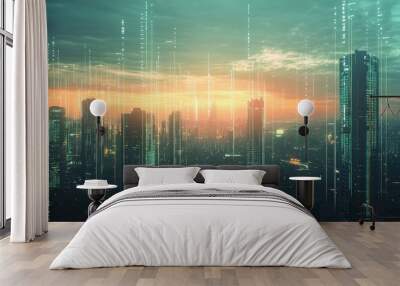 A futuristic cityscape with skyscrapers representing various sectors of investment, from real estate to tech stocks, linked by glowing data points. Wall mural