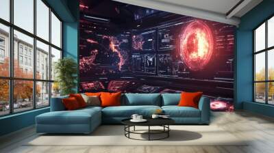 A futuristic design featuring space-themed tech elements, with glowing holograms, interactive star maps, and sleek data panels Wall mural