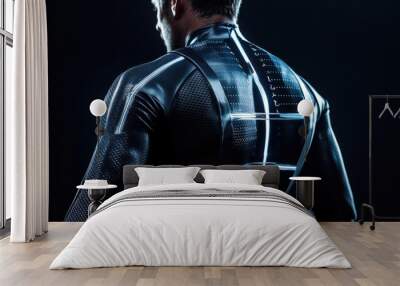 A futuristic fitness suit equipped with sensors that monitor body movements and health metrics, integrating with a digital app to provide personalized fitness insights. Wall mural