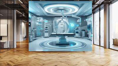 A futuristic medical facility equipped with advanced technology, including robotic surgery equipment and digital health monitors, demonstrating the role of innovation in modern healthcare Wall mural