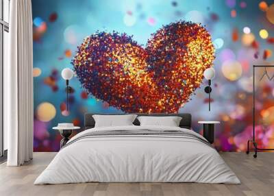 A happy heart symbol made of vibrant confetti and sparkles, with a festive background full of colorful light and joy Wall mural