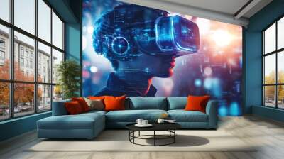 A mesmerizing virtual reality scene where individuals are immersed in a digital landscape, exploring a vivid, augmented reality world filled with sci-fi elements Wall mural