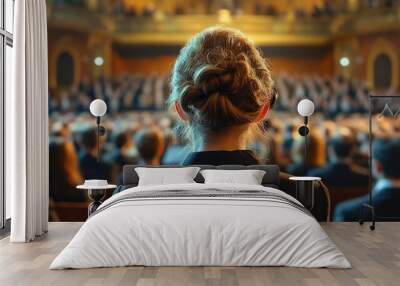 A person with a hearing aid attending a classical music concert in an ornate hall, the atmosphere filled with elegance and the audience quietly appreciating the performan Wall mural