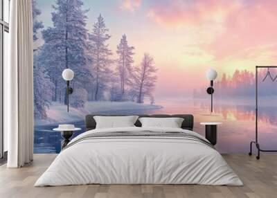 A serene winter landscape with snow-covered trees, a frozen lake, and soft pastel colors in the sky Wall mural