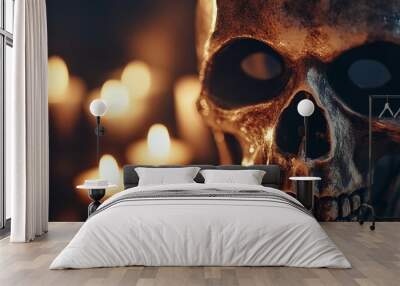 a spooky skull mask with realistic bone textures and eerie hollow eyes, set against a dark background with flickering candles Wall mural