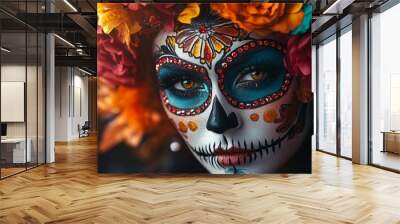 a sugar skull makeup with vibrant floral designs, detailed black linework, and colorful gem accents, set against a dark background Wall mural