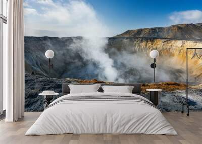 a volcanic crater, with steam and sulfur deposits around the rim, highlighting ongoing geothermal activity Wall mural