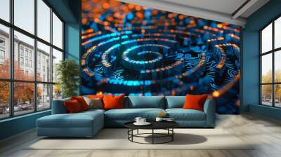 Abstract design of a labyrinth with digital symbols and pathways, symbolizing information complexity Wall mural