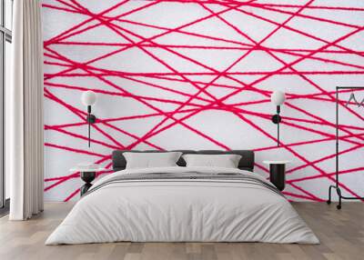 abstract web line connection of complex and heap red color yarn  on white background , networking concept Wall mural