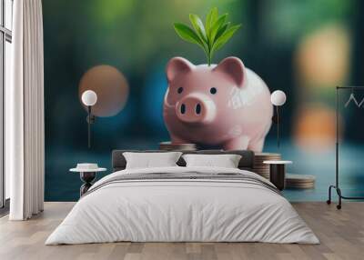 business finance and saving money investment , Money coin stack growing graph with piggy bank saving concept. plant growing up on coin. Balance savings and investment Wall mural