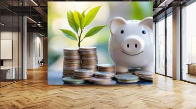 business finance and saving money investment , Money coin stack growing graph with piggy bank saving concept. plant growing up on coin. Balance savings and investment Wall mural