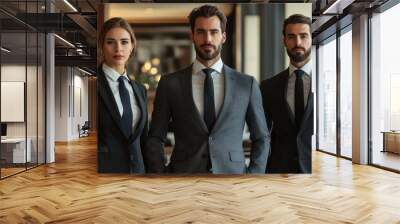 Business professionals in sharp suits, standing confidently in a modern office, highlighting elegant and sophisticated corporate fashion Wall mural