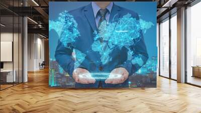 businessman and technology in hand showing virtual world map on screen with night modern city building background Wall mural