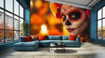 Day of the Dead makeup with intricate floral designs, shimmering makeup accents, and colorful patterns, against a candlelit altar backdrop Wall mural