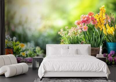 Detailed image of a spring garden with blooming flowers and gardening tools, capturing the freshness and activity of seasonal gardening Wall mural