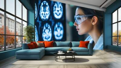 Female medical researcher analyzing brain scans in a modern laboratory, focusing on neurophysiology and pharmacology. Wall mural