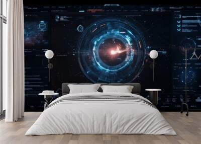 Futuristic UI layout designed for space missions, featuring responsive holographic elements, orbit controls, and dynamic celestial visualization Wall mural