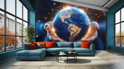 global network connections, innovative technology in science and communication concept, Earth in human hands. earth day. energy saving Wall mural